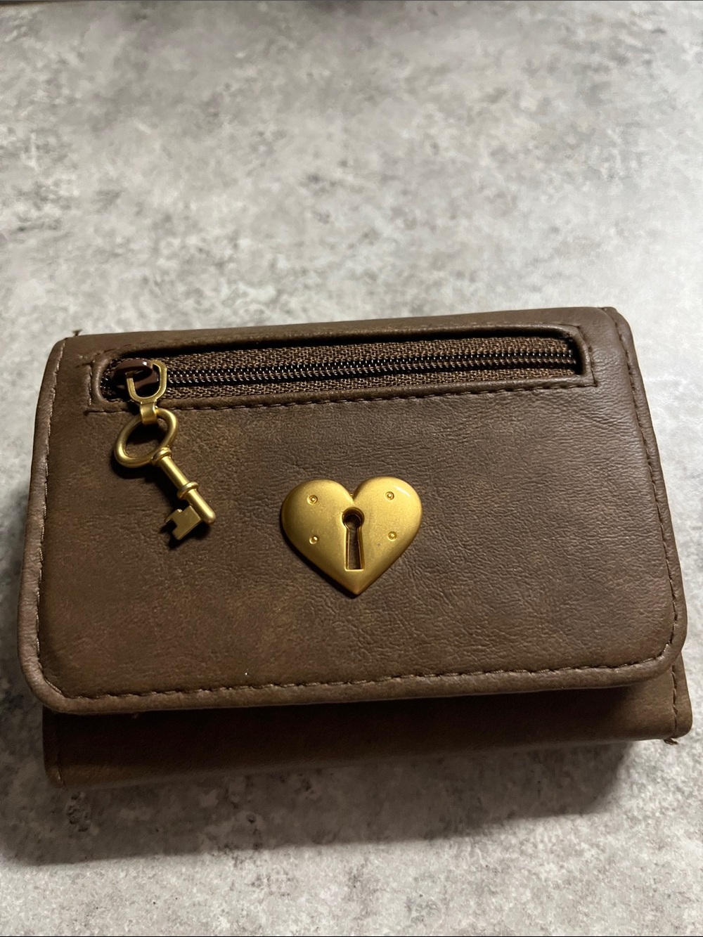 Brown Trifold Key & Card Holder Wallet with Gold Heart Lock